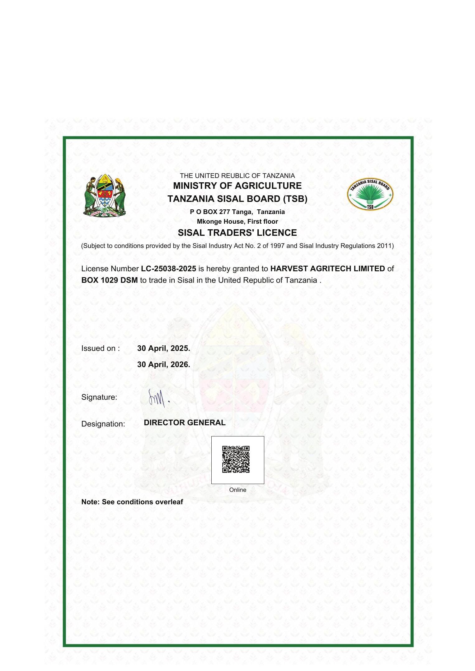 Sisal Traders' Licence — official certificate of Harvest Agritech Limited