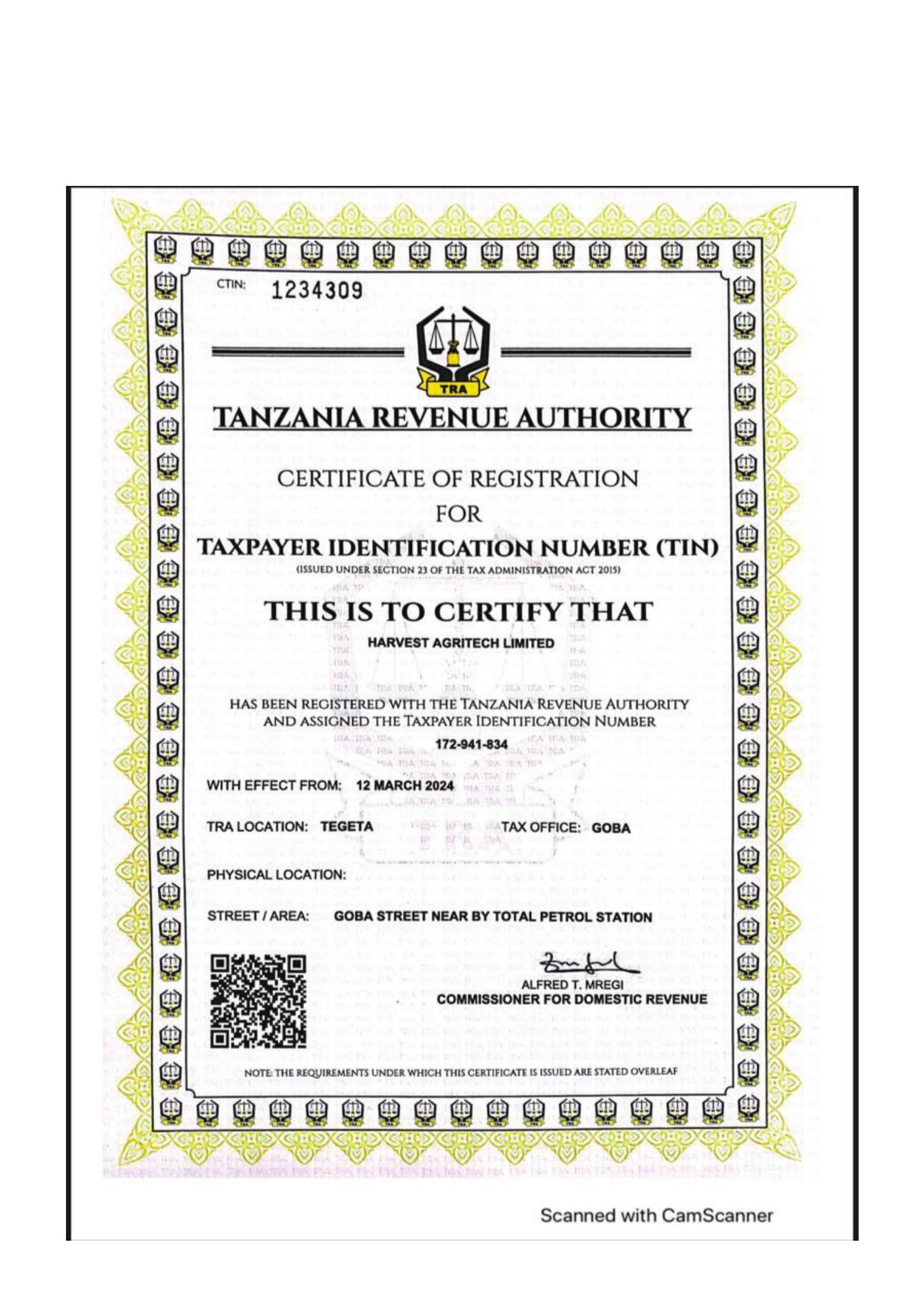 TIN Certificate — official certificate of Harvest Agritech Limited