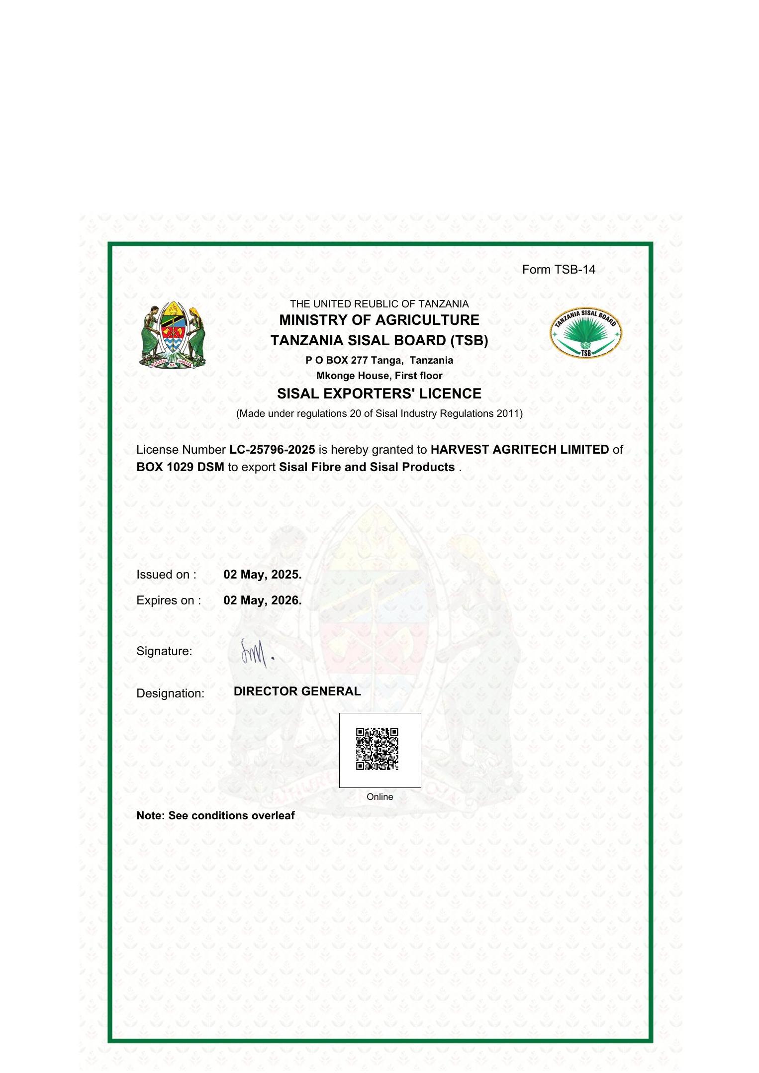 Sisal Exporters' Licence — official certificate of Harvest Agritech Limited
