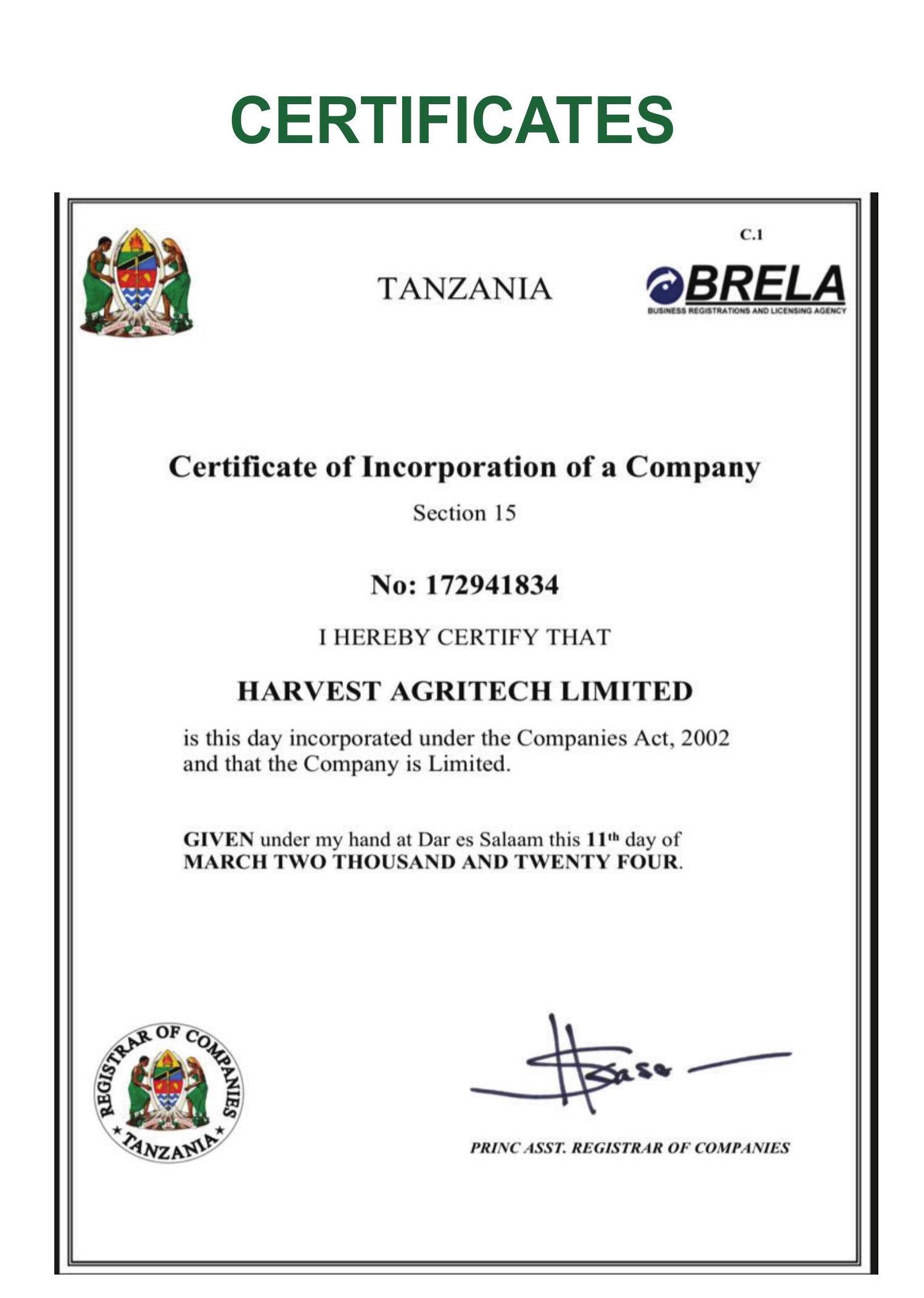 Certificate of Incorporation — official certificate of Harvest Agritech Limited